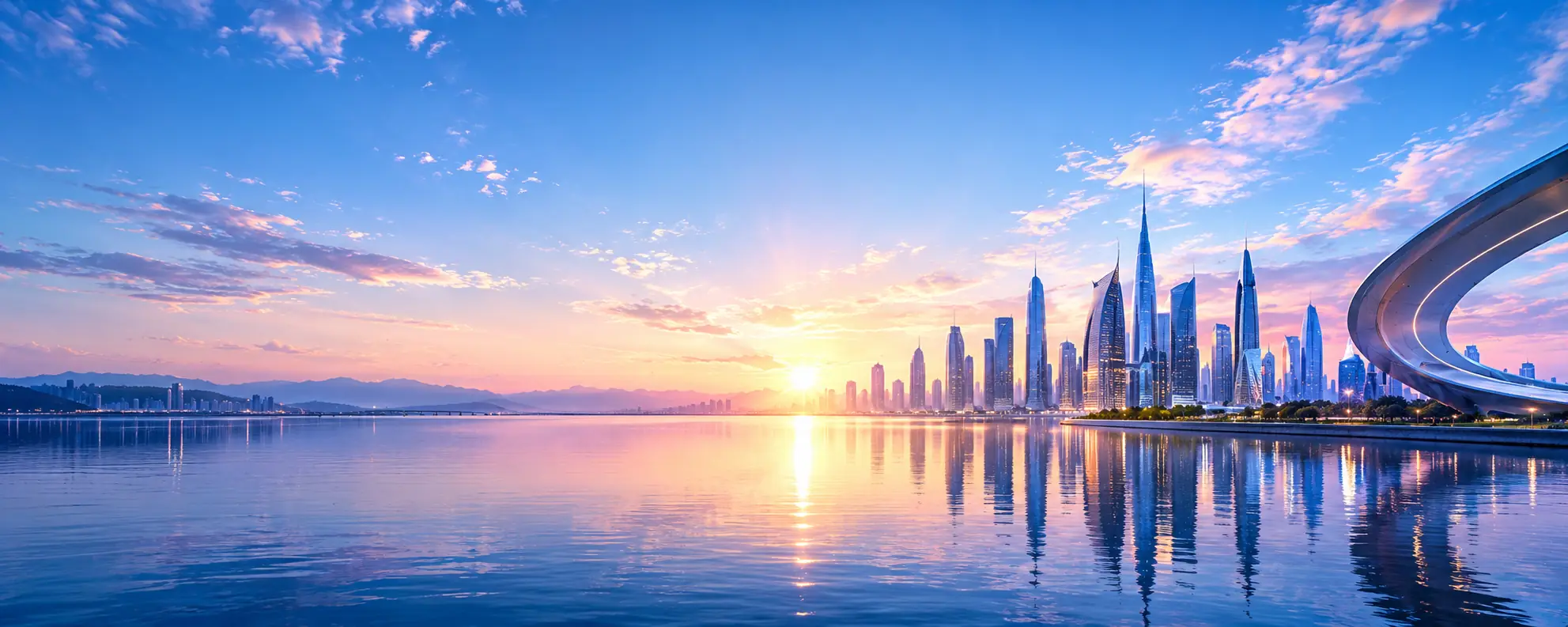A waterfront skyline of glass towers at sunset, mirrored in calm water
