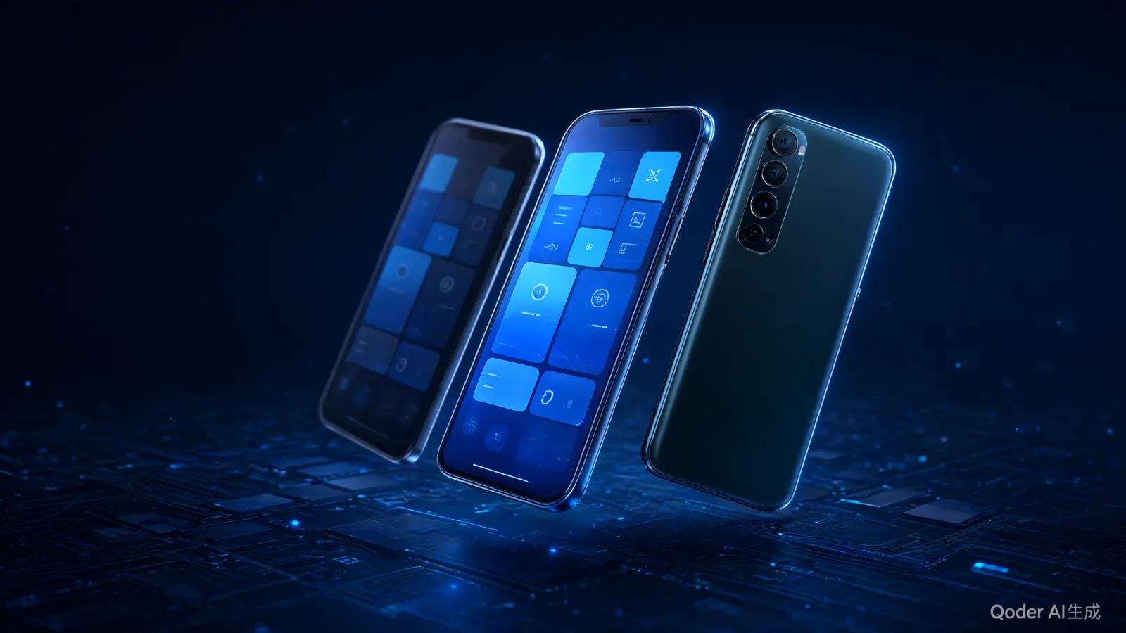 Two Android phones glowing blue over a dark circuit-board background
