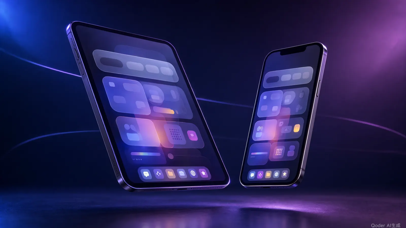 A glass iPhone and iPad floating in indigo and violet light