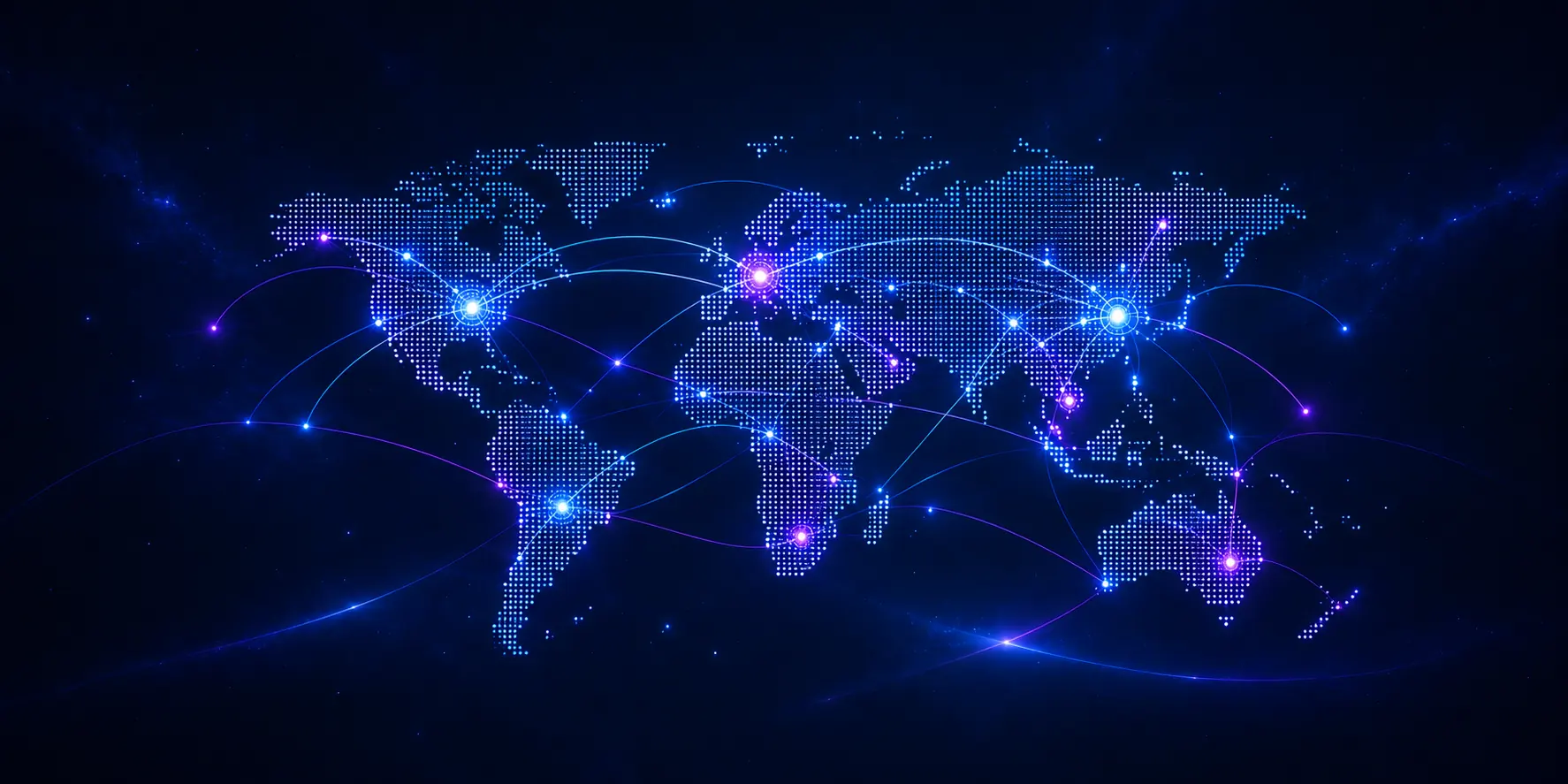 A dotted world map with glowing city nodes linked by arcs of light